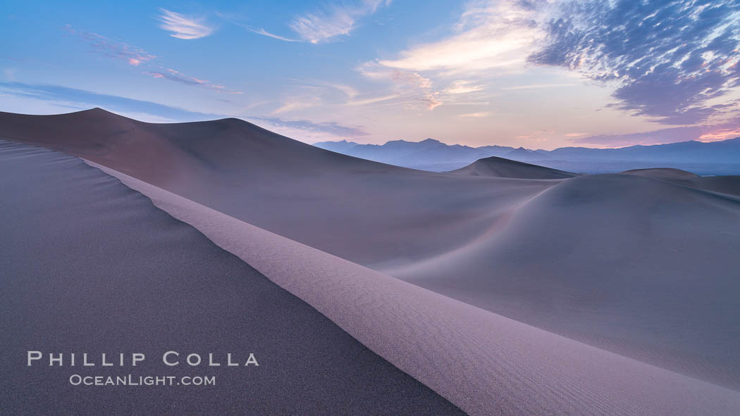 Mesquite Dunes sunrise, dawn, clouds and morning sky, sand dunes. Stovepipe Wells, Death Valley National Park, California, USA, natural history stock photograph, photo id 28686
