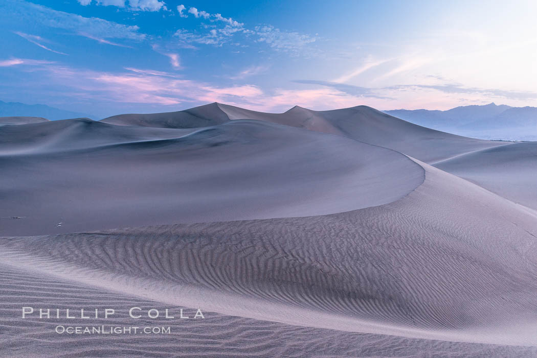 Mesquite Dunes sunrise, dawn, clouds and morning sky, sand dunes. Stovepipe Wells, Death Valley National Park, California, USA, natural history stock photograph, photo id 28685