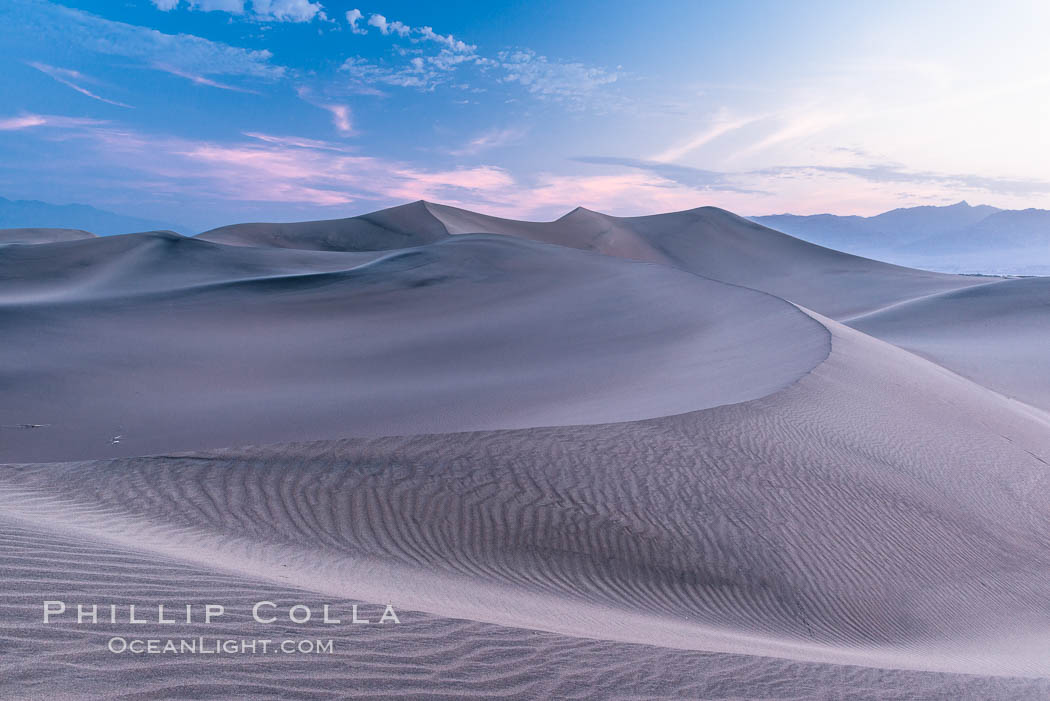 Mesquite Dunes sunrise, dawn, clouds and morning sky, sand dunes. Stovepipe Wells, Death Valley National Park, California, USA, natural history stock photograph, photo id 28685