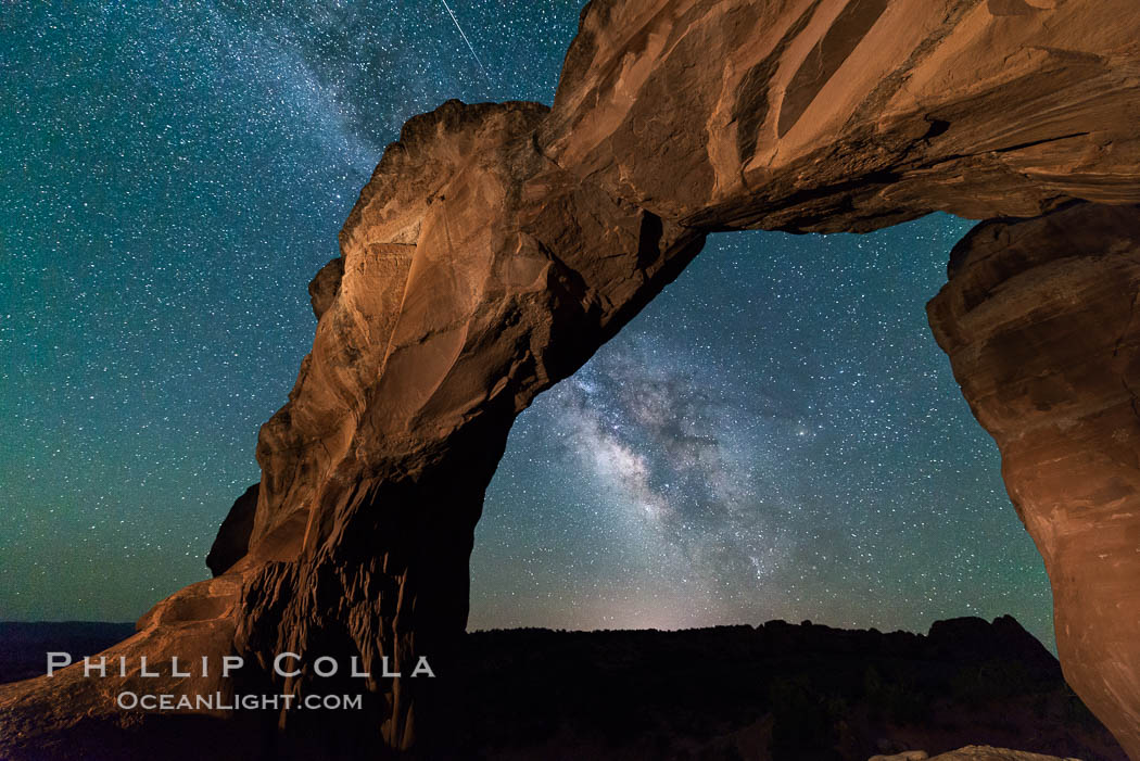 Milky Way and Stars over Broken Arch, Arches National Park, Utah (Note: this image was created before a ban on light-painting in Arches National Park was put into effect.  Light-painting is no longer permitted in Arches National Park). USA, natural history stock photograph, photo id 29239