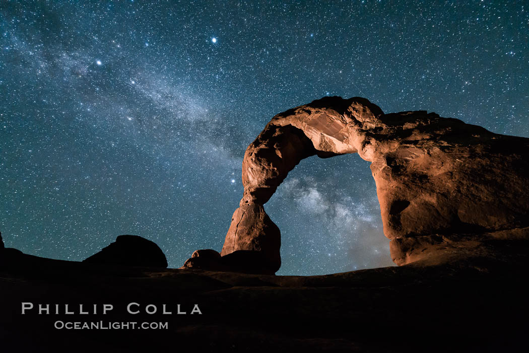 Milky Way and Stars over Delicate Arch, at night, Arches National Park, Utah. USA, natural history stock photograph, photo id 29297