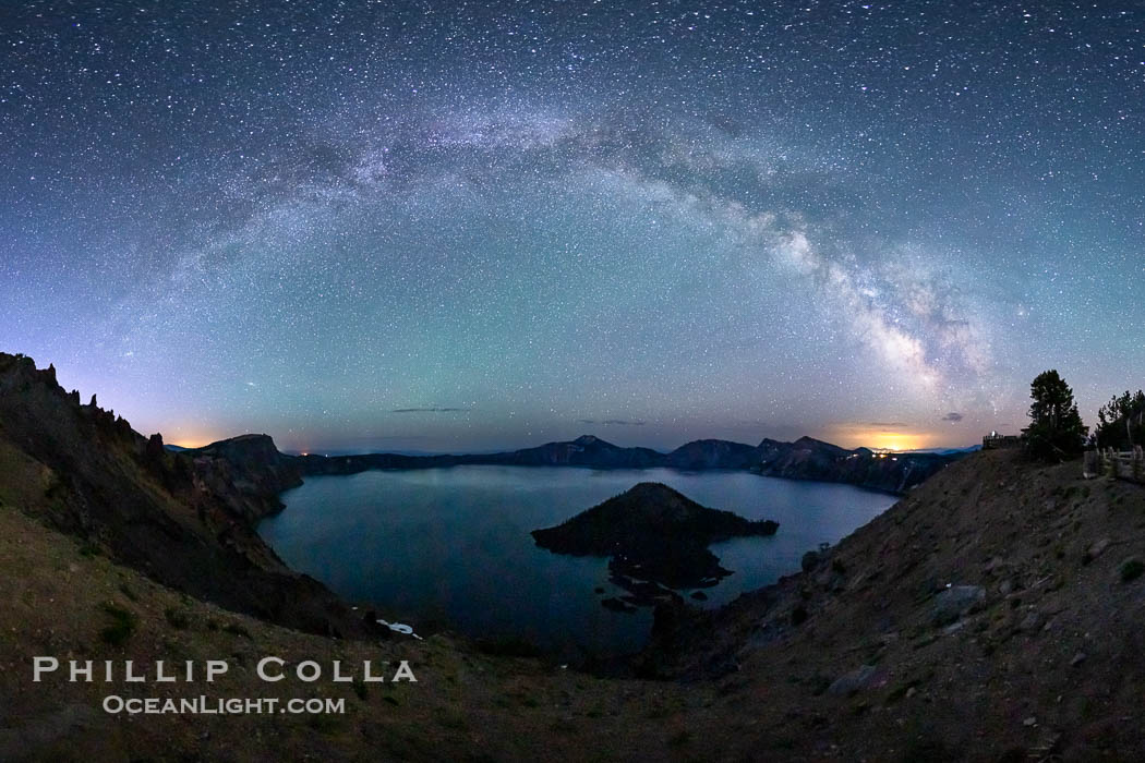 Milky Way and stars over Crater Lake at night. Panorama of Crater Lake and Wizard Island at night, Crater Lake National Park. Oregon, USA, natural history stock photograph, photo id 28640