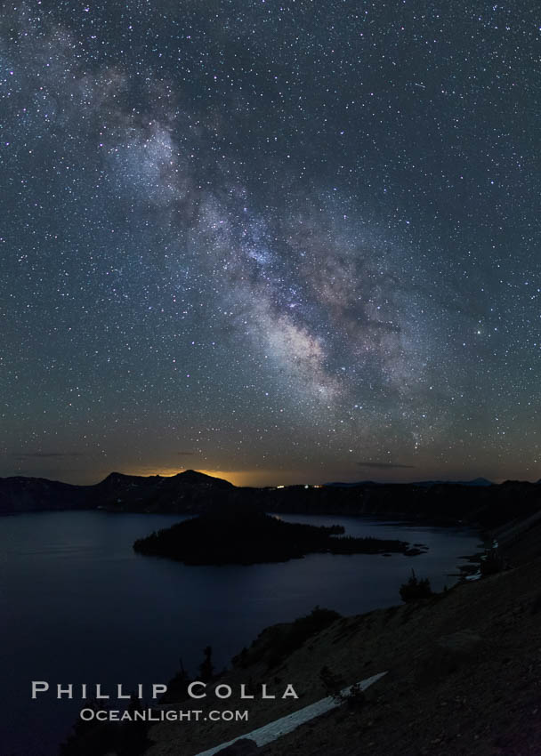 Milky Way and stars over Crater Lake at night. Panorama of Crater Lake and Wizard Island at night, Crater Lake National Park. Oregon, USA, natural history stock photograph, photo id 28644