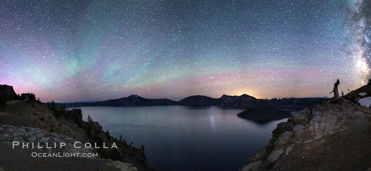 Air glow faint aurora borealis and stars over Crater Lake at night. Panorama of Crater Lake and Wizard Island at night, Crater Lake National Park. Oregon, USA, natural history stock photograph, photo id 28639