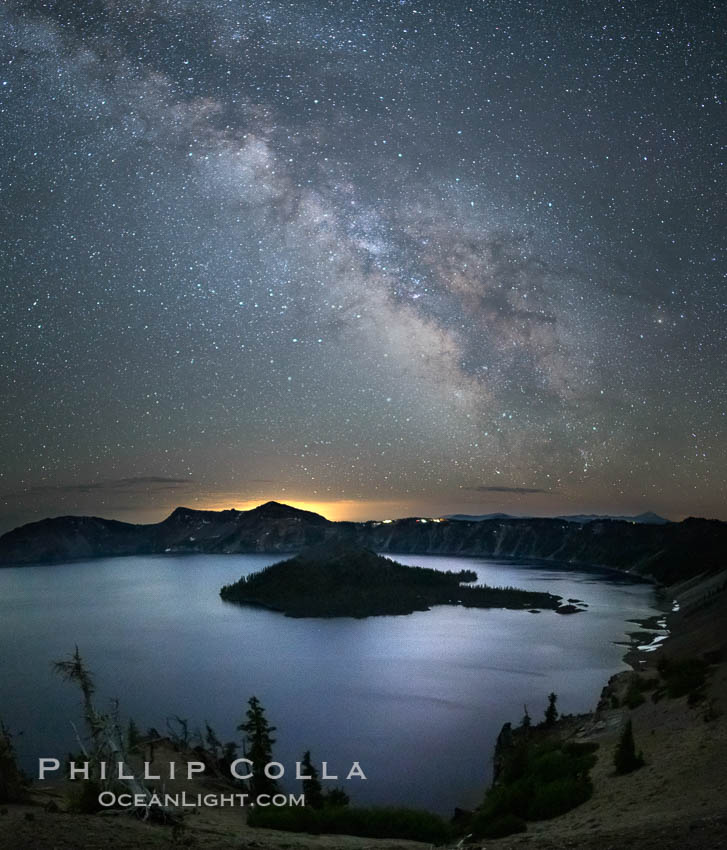 Milky Way and stars over Crater Lake at night. Panorama of Crater Lake and Wizard Island at night, Crater Lake National Park. Oregon, USA, natural history stock photograph, photo id 28643