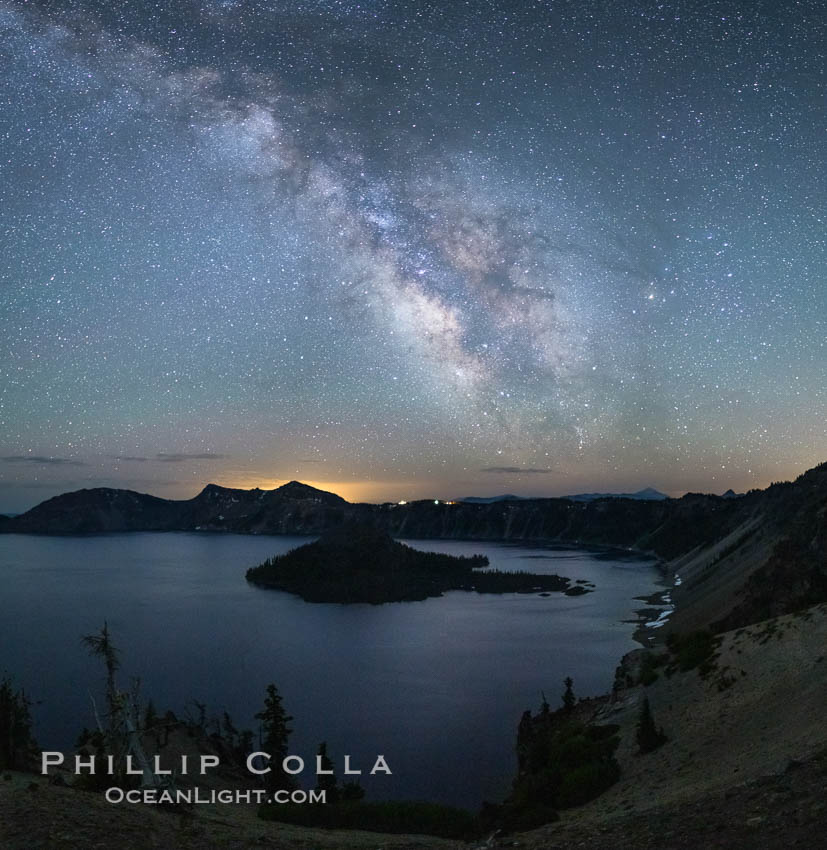 Milky Way and stars over Crater Lake at night. Panorama of Crater Lake and Wizard Island at night, Crater Lake National Park. Oregon, USA, natural history stock photograph, photo id 28645