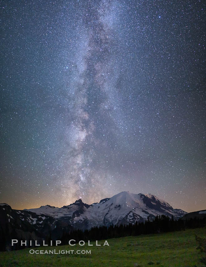 Milky Way and stars at night above Mount Rainier. Sunrise, Mount Rainier National Park, Washington, USA, natural history stock photograph, photo id 28730