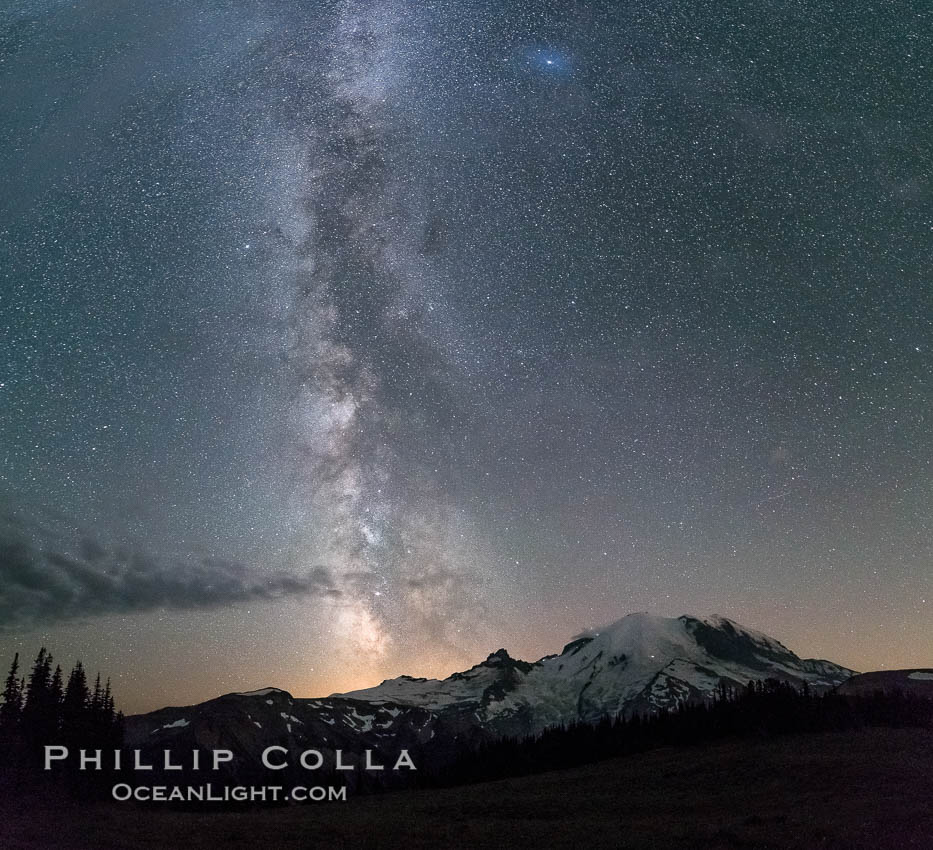 Milky Way and stars at night above Mount Rainier. Sunrise, Mount Rainier National Park, Washington, USA, natural history stock photograph, photo id 28724