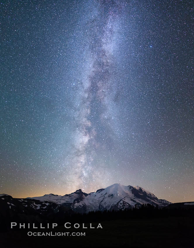 Milky Way and stars at night above Mount Rainier. Sunrise, Mount Rainier National Park, Washington, USA, natural history stock photograph, photo id 28732