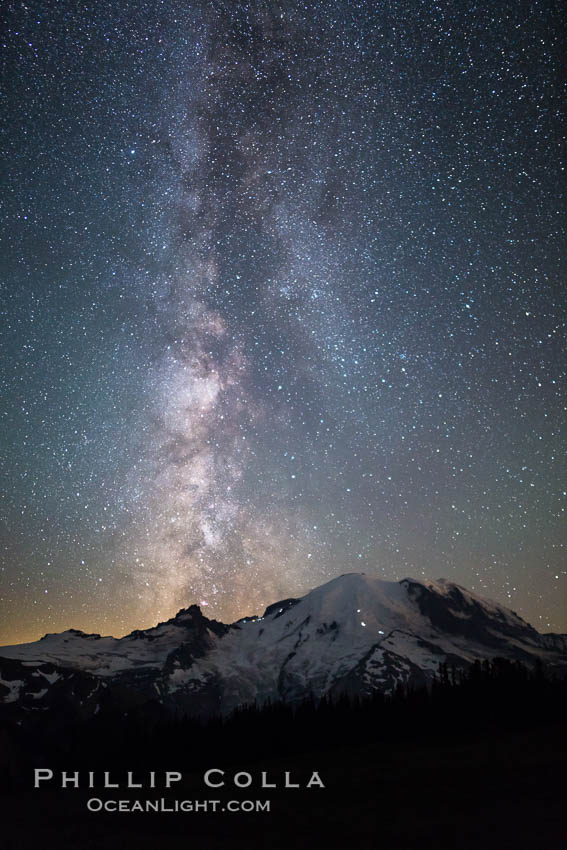 Milky Way and stars at night above Mount Rainier. Sunrise, Mount Rainier National Park, Washington, USA, natural history stock photograph, photo id 28731
