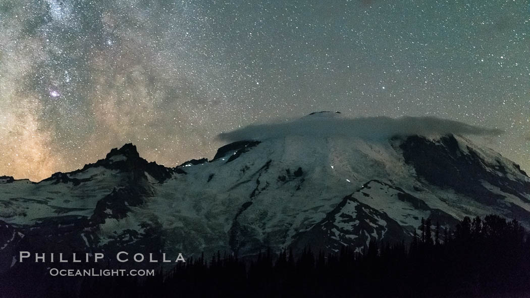 Milky Way and stars at night above Mount Rainier. Sunrise, Mount Rainier National Park, Washington, USA, natural history stock photograph, photo id 28725