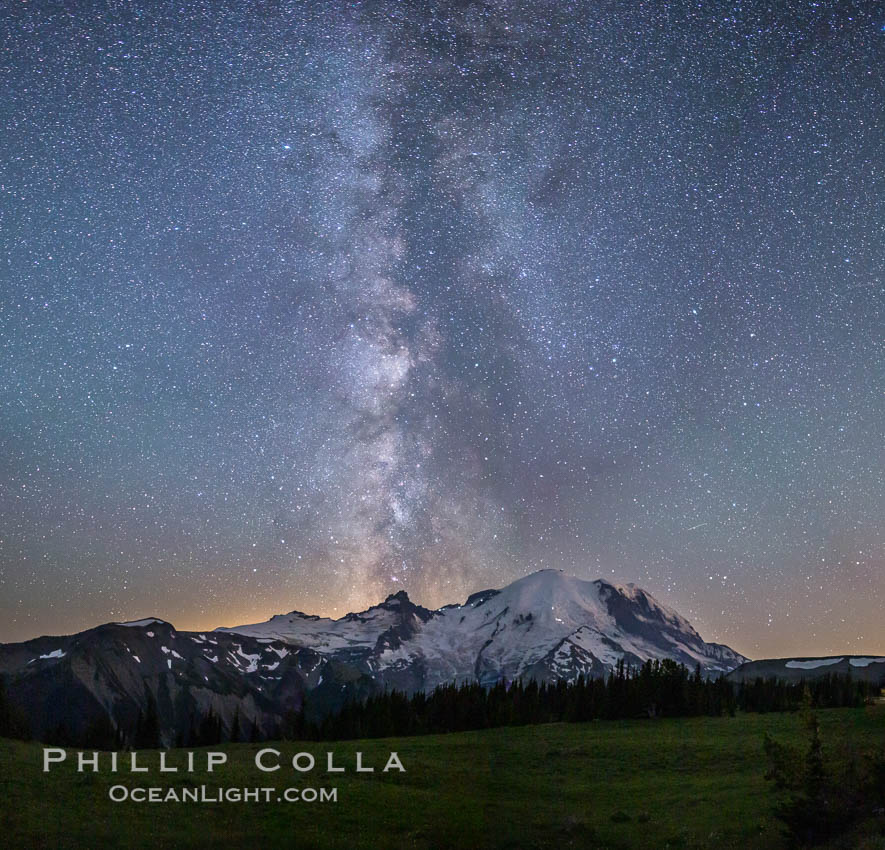 Milky Way and stars at night above Mount Rainier. Sunrise, Mount Rainier National Park, Washington, USA, natural history stock photograph, photo id 28729