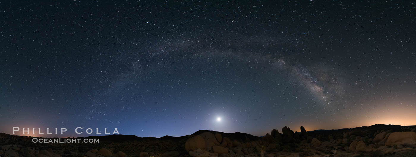 Joshua Tree National Park, Milky Way and Moon, Shooting Star, Comet Panstarrs, Impending Dawn. California, USA, natural history stock photograph, photo id 28410