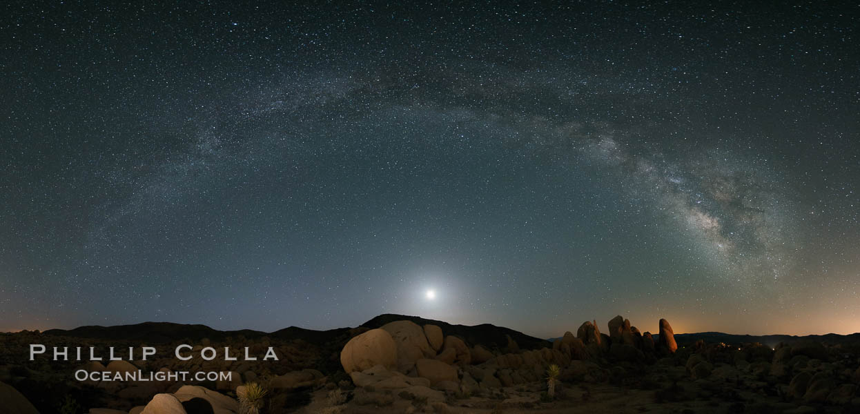 Joshua Tree National Park, Milky Way and Moon, Shooting Star, Comet Panstarrs, Impending Dawn. California, USA, natural history stock photograph, photo id 28416