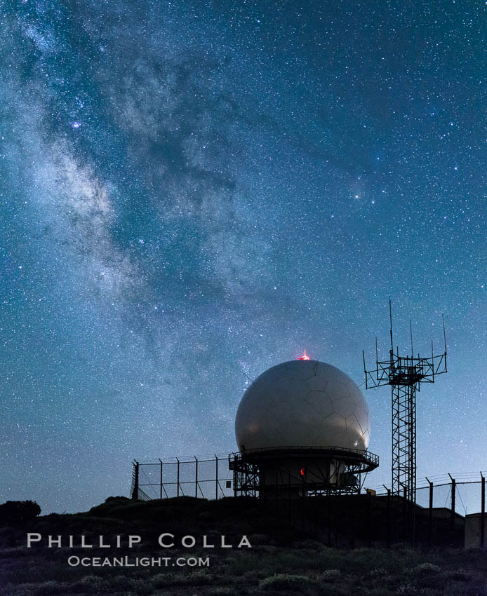 Milky Way over Mount Laguna FAA Radar Site, including ARSR-4 radome (radar dome)., natural history stock photograph, photo id 31049