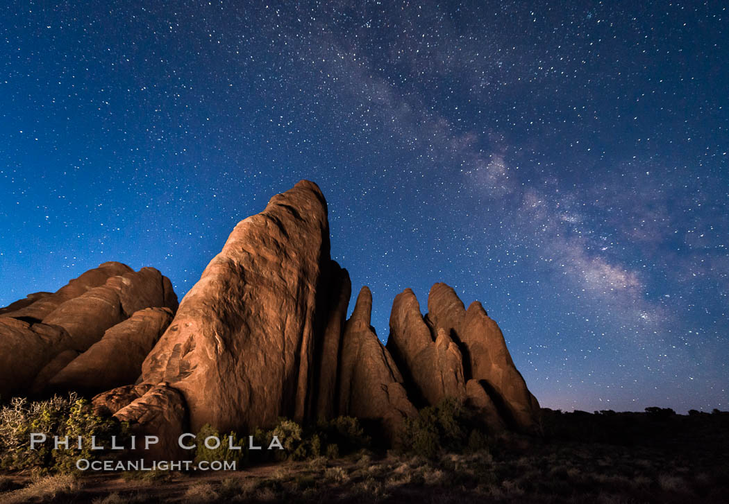 Milky Way over Sandstone Fins. Sandstone fins stand on edge.  Vertical fractures separate standing plates of sandstone that are eroded into freestanding fins, that may one day further erode into arches. Arches National Park, Utah, USA, natural history stock photograph, photo id 29254