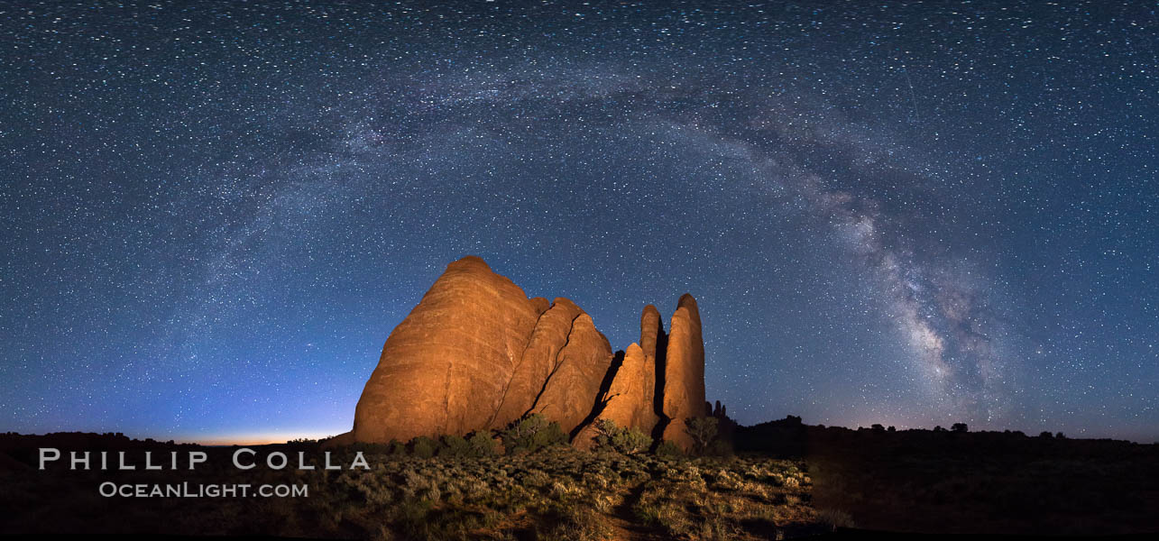 Milky Way over Sandstone Fins. Sandstone fins stand on edge.  Vertical fractures separate standing plates of sandstone that are eroded into freestanding fins, that may one day further erode into arches. Arches National Park, Utah, USA, natural history stock photograph, photo id 29253