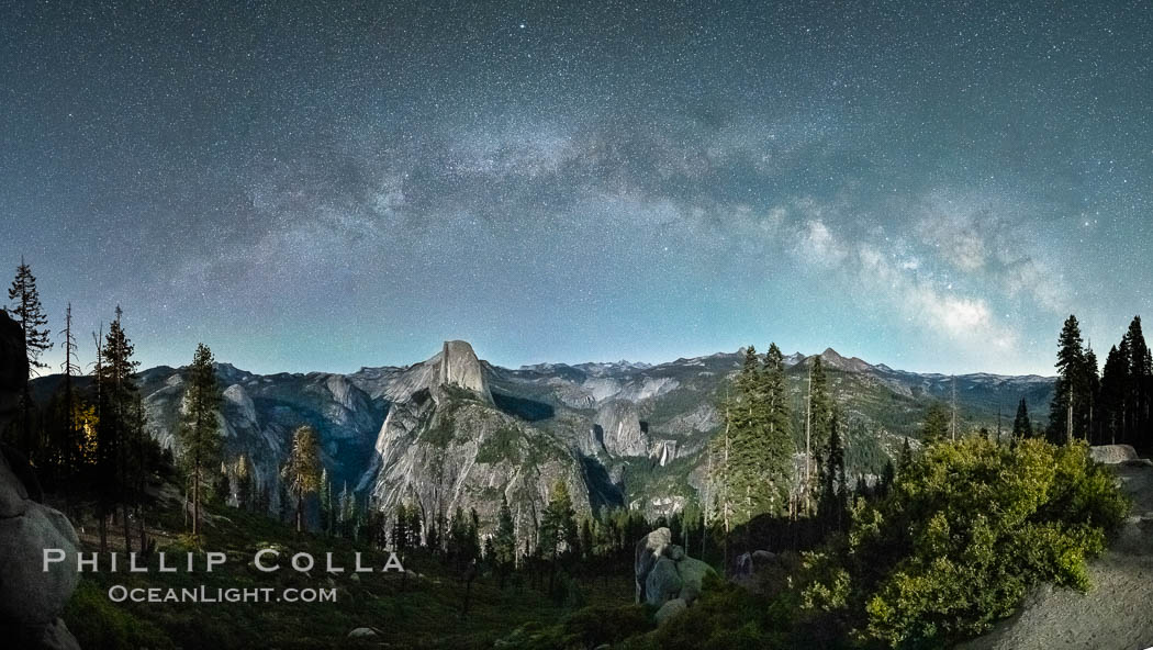 The Milky Way arches over Half Dome and the Yosemite High Country. Each year there are a couple nights where the Milky Way arches perfect over Half Dome and the faint light of the milky way is perfectly balanced with a partial moon. I try to shoot this image each year, partly to improve upon past version but also simply to sit alone at night atop Glacier Point and savor the view, Yosemite National Park, California