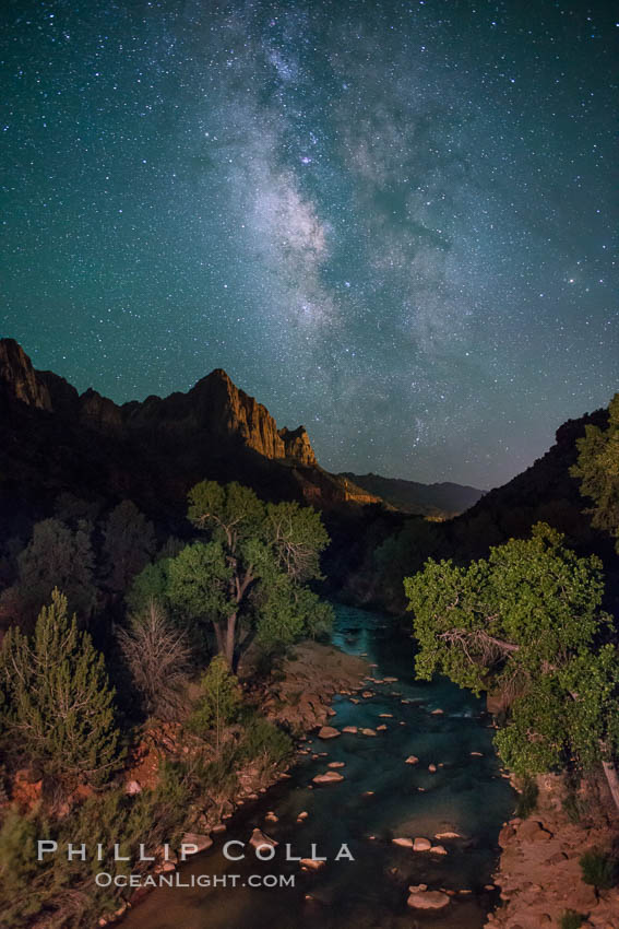 Milky Way over the Watchman, Zion National Park.  The Milky Way galaxy rises in the night sky above the the Watchman. Utah, USA, natural history stock photograph, photo id 28590