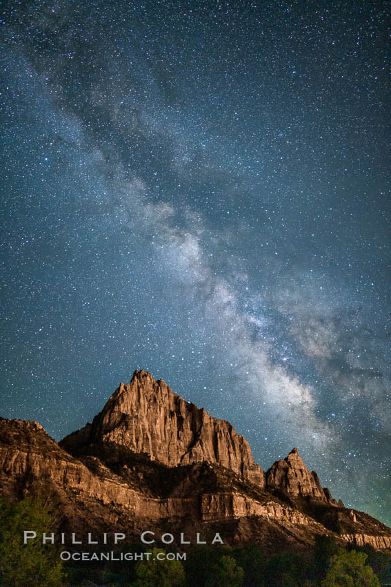 Milky Way over the Watchman, Zion National Park.  The Milky Way galaxy rises in the night sky above the the Watchman. Utah, USA, natural history stock photograph, photo id 28594
