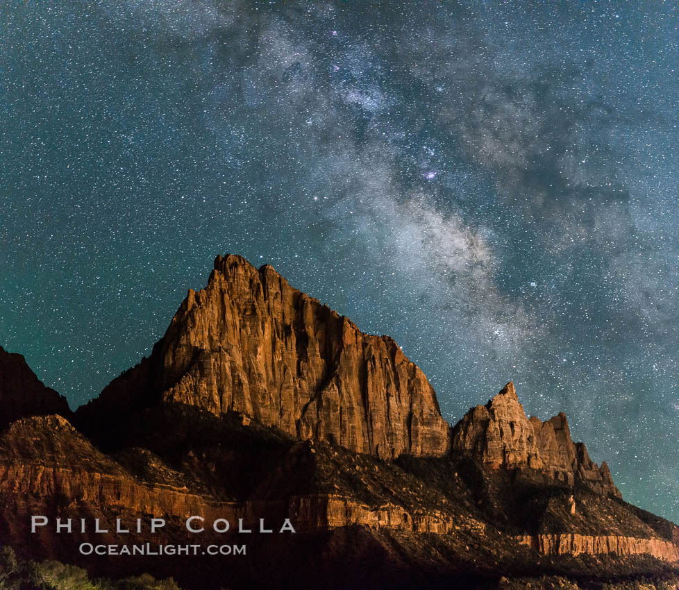 Milky Way over the Watchman, Zion National Park.  The Milky Way galaxy rises in the night sky above the the Watchman. Utah, USA, natural history stock photograph, photo id 28588