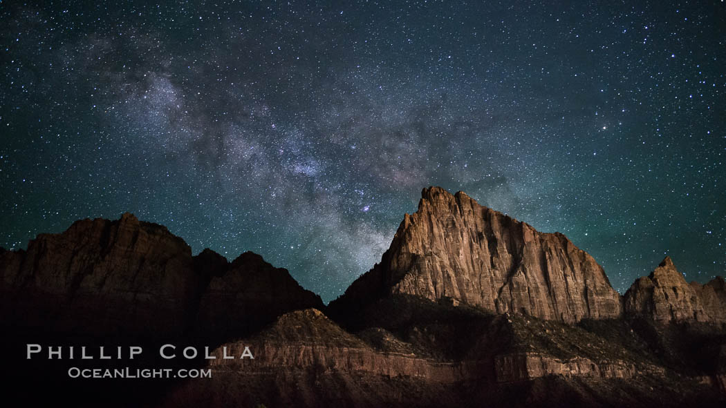 Milky Way over the Watchman, Zion National Park.  The Milky Way galaxy rises in the night sky above the the Watchman. Utah, USA, natural history stock photograph, photo id 28591