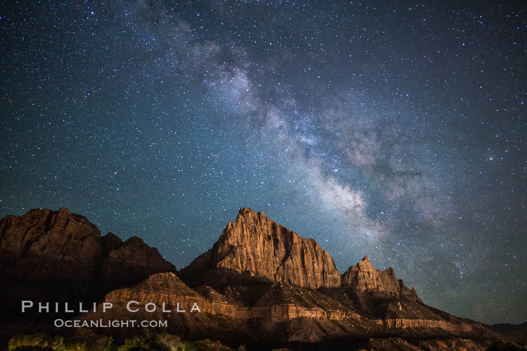 Milky Way over the Watchman, Zion National Park.  The Milky Way galaxy rises in the night sky above the the Watchman. Utah, USA, natural history stock photograph, photo id 28589