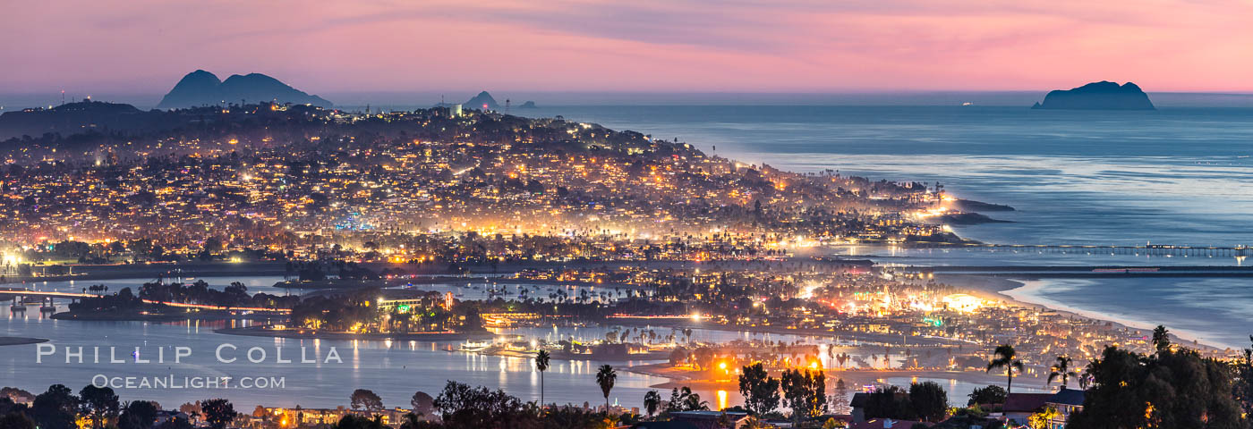 Mission Bay, Ocean Beach, Point Loma and Coronado islands, at night, San Diego, California