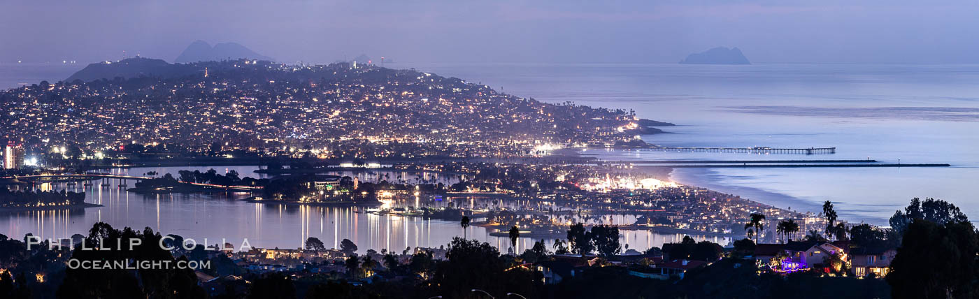 Mission Bay, Ocean Beach, Point Loma, OB Pier, Mission Bay Channel and Coronado islands, at night. San Diego, California, USA, natural history stock photograph, photo id 37497