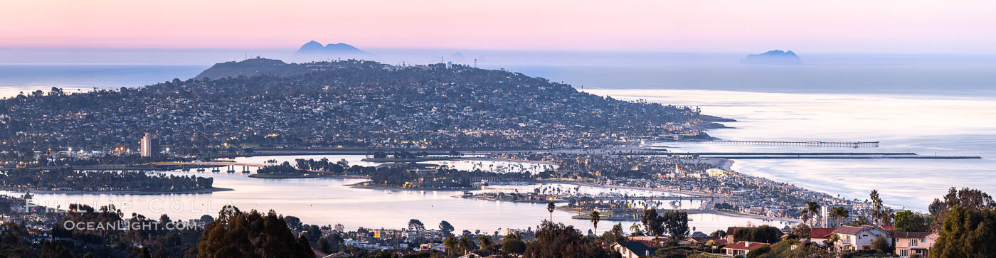 Mission Bay, Ocean Beach, Point Loma, OB Pier, Mission Bay Channel and Coronado islands, at dawn, viewed from Mount Soledad, La Jolla., natural history stock photograph, photo id 37667