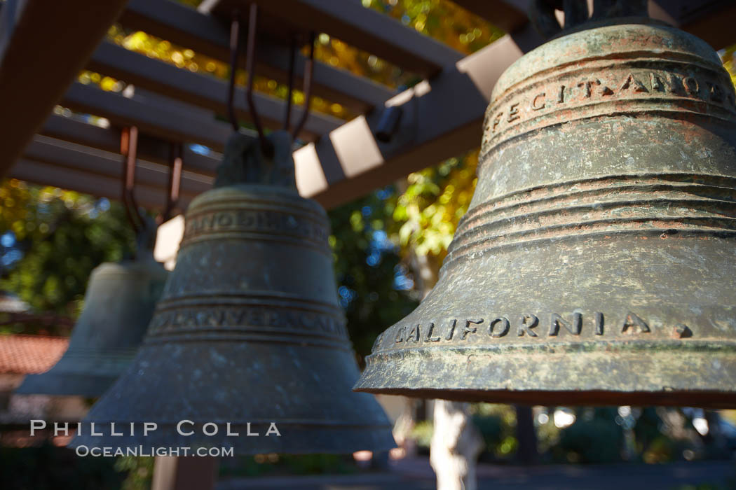 Mission bells, Mission San Luis Obispo del Tolosa.  Established in 1772, Mission San Luis Obispo de Tolosa is a Spanish mission founded by Junipero Serra, first president of the California missions.  It was the fifth in a chain of 21 missions stretching from San Diego to Sonoma.  Built by the Chumash indians living in the area, its combination of belfry and vestibule is unique among California missions.  In 1846 John C. Fremont and his California battalion quartered here while engaged in the war with Mexico. USA, natural history stock photograph, photo id 22234