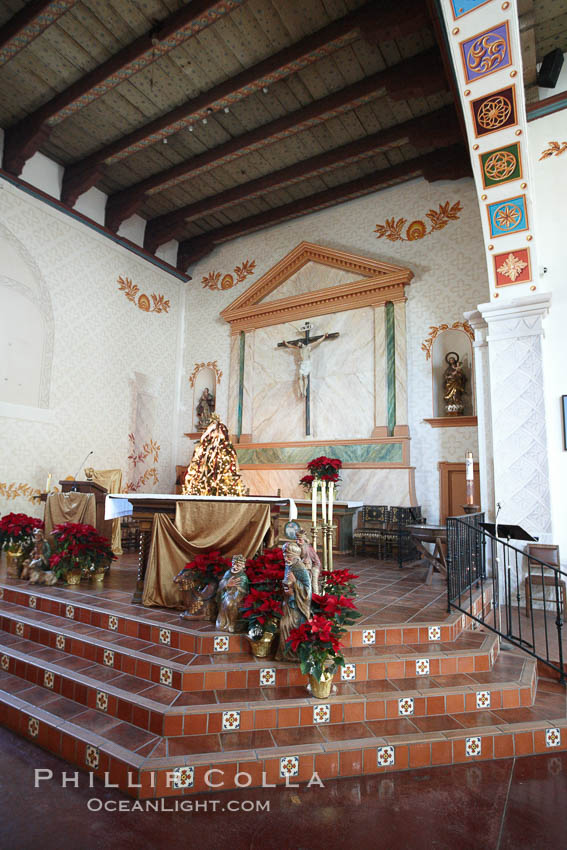 Mission San Luis Obispo del Tolosa, chapel interior.  Established in 1772, Mission San Luis Obispo de Tolosa is a Spanish mission founded by Junipero Serra, first president of the California missions.  It was the fifth in a chain of 21 missions stretching from San Diego to Sonoma.  Built by the Chumash indians living in the area, its combination of belfry and vestibule is unique among California missions.  In 1846 John C. Fremont and his California battalion quartered here while engaged in the war with Mexico. USA, natural history stock photograph, photo id 22232