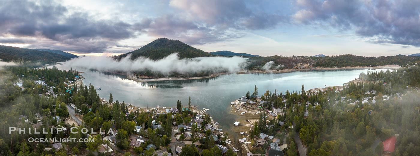 Mist and storm clouds over Bass Lake, aerial photo, autumn. California, USA, natural history stock photograph, photo id 38531