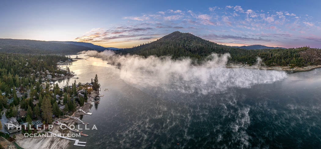 Mist Rises Over Bass Lake on a Cold Autumn Morning, aerial panorama, Sierra Nevada. California, USA, natural history stock photograph, photo id 39782