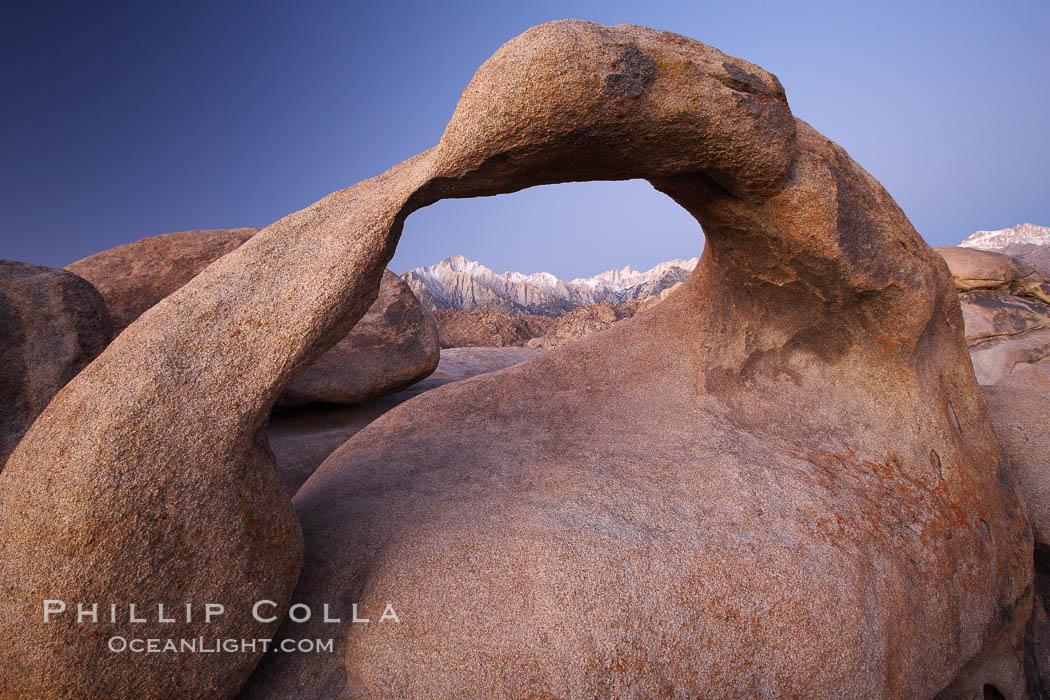 Mobius Arch at sunrise, with Mount Whitney (the tallest peak in the continental United States), Lone Pine Peak and snow-covered Sierra Nevada Range framed within the arch.  Mobius Arch is a 17-foot-wide natural rock arch in the scenic Alabama Hills Recreational Area near Lone Pine, California. USA, natural history stock photograph, photo id 21748