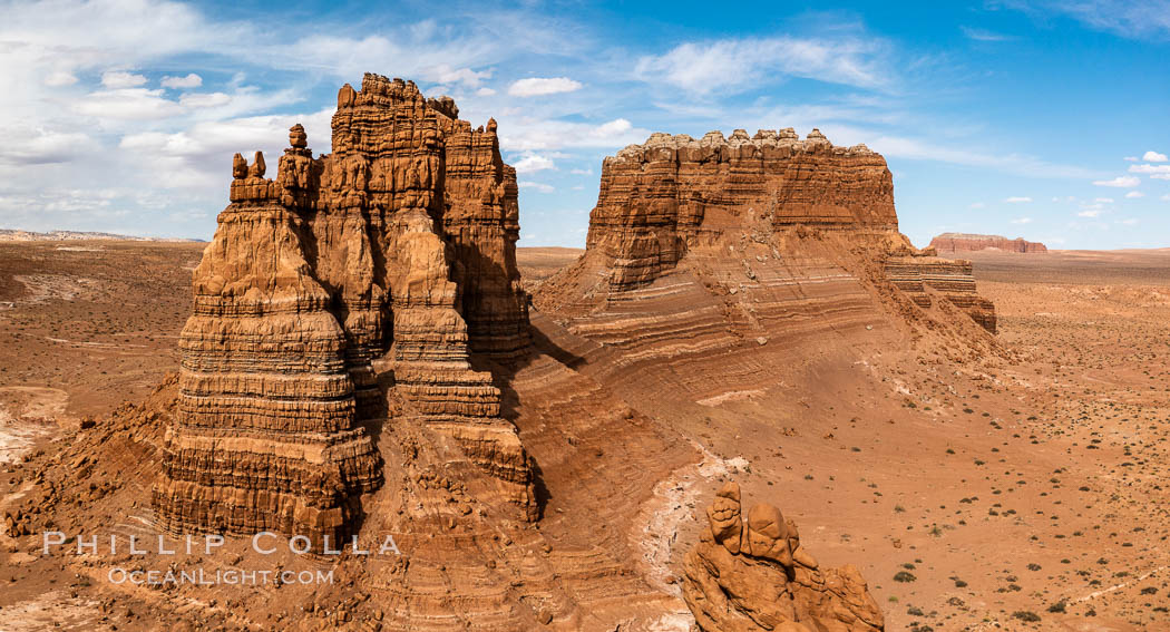 Molly's Castle, aerial view, Goblin Valley State Park. Curtis Formation whiteish caprock is on top, with reddish Entrada Sandstone below, both of Jurassic era.  Molly's castle lies in the San Rafael desert near Goblin Valley, and drains into the Colorado River watershed. Aerial panoramic photograph. Utah, USA, natural history stock photograph, photo id 37950