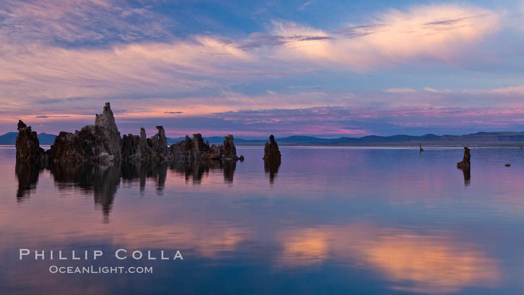 Mono Lake sunset, tufa and clouds reflected in the still waters of Mono Lake. California, USA, natural history stock photograph, photo id 27004