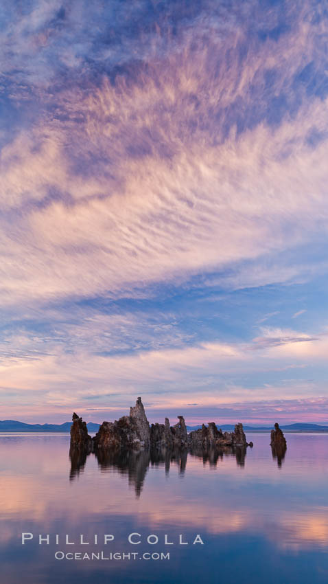 Mono Lake sunset, tufa and clouds reflected in the still waters of Mono Lake. California, USA, natural history stock photograph, photo id 26977