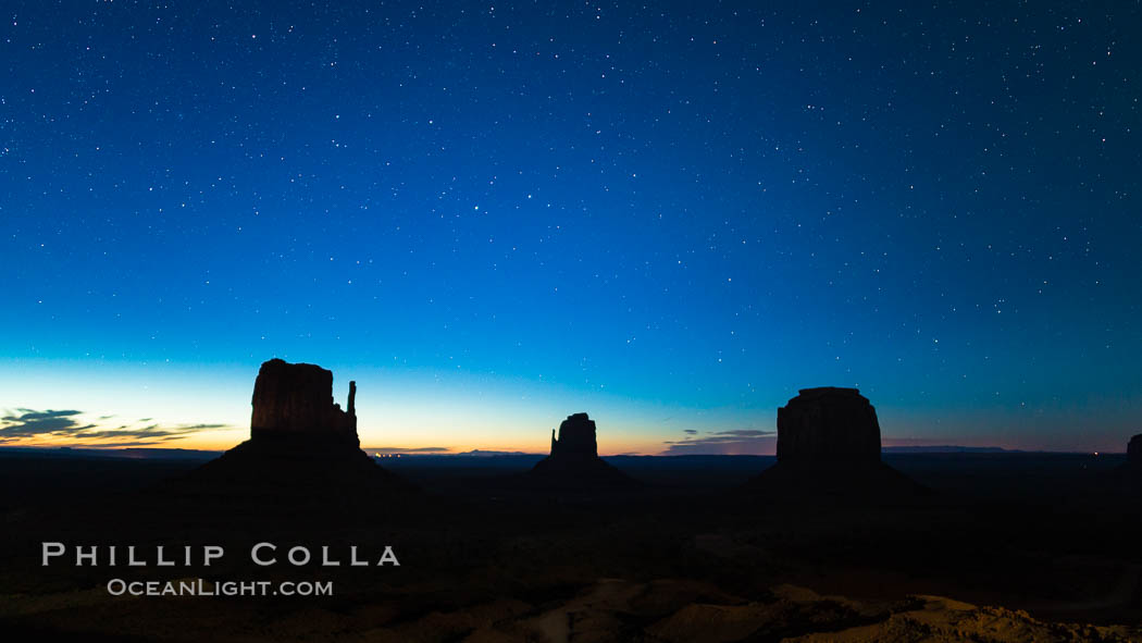 Monument Valley panorama, sunrise, dawn, stars in the sky. Arizona, USA, natural history stock photograph, photo id 28598
