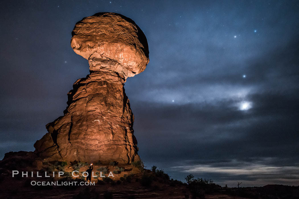 Moon and Stars over Balanced Rock, Arches National Park (Note: this image was created before a ban on light-painting in Arches National Park was put into effect.  Light-painting is no longer permitted in Arches National Park). Utah, USA, natural history stock photograph, photo id 29234