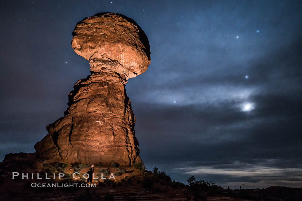 Moon and Stars over Balanced Rock, Arches National Park. Utah, USA, natural history stock photograph, photo id 29234