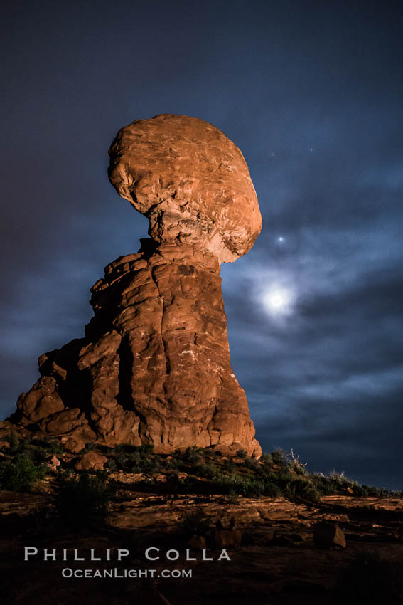 Moon and Stars over Balanced Rock, Arches National Park (Note: this image was created before a ban on light-painting in Arches National Park was put into effect.  Light-painting is no longer permitted in Arches National Park). Utah, USA, natural history stock photograph, photo id 29232