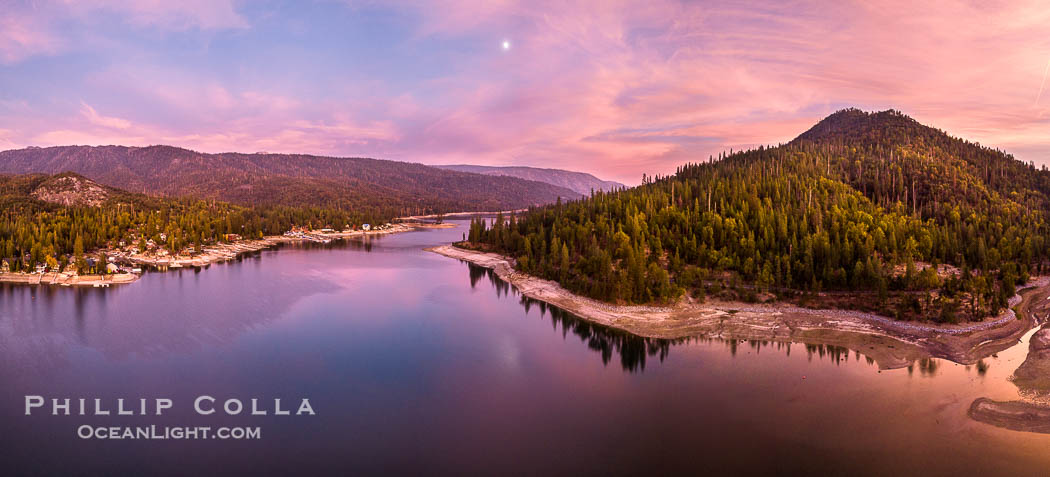Moonrise and spectacular pink sunset over Bass Lake, Goat Mountain rises to the right, aerial panoramic photo. California, USA, natural history stock photograph, photo id 38529