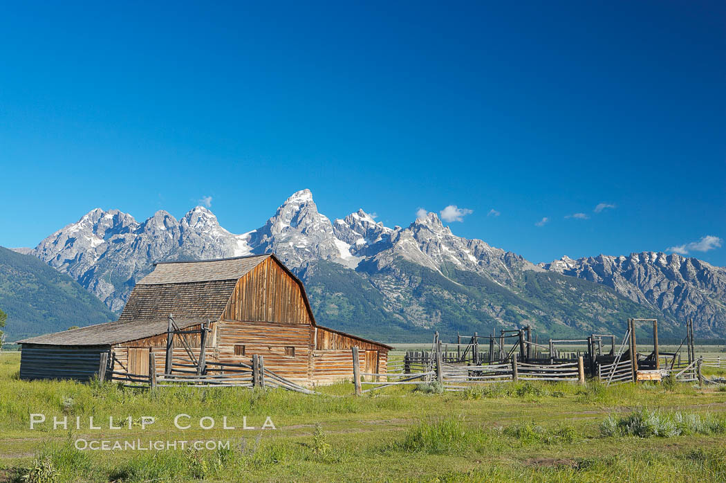 An old barn at Mormon Row is lit by the morning sun with the Teton Range rising in the distance. Grand Teton National Park, Wyoming, USA, natural history stock photograph, photo id 12998