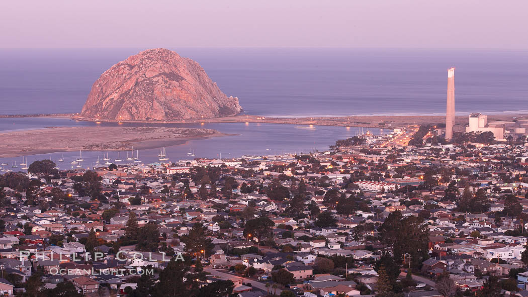 Morro Rock and Morro Bay, in pink pre-sunrise light. California, USA, natural history stock photograph, photo id 22212