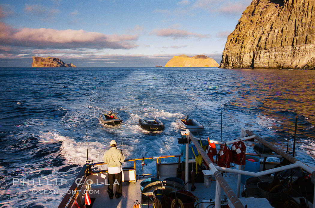 Motoring, south end of Guadalupe Island, Isla Afuera (left) and Isla Adentro (right) in distance. Guadalupe Island (Isla Guadalupe), Baja California, Mexico, natural history stock photograph, photo id 36232