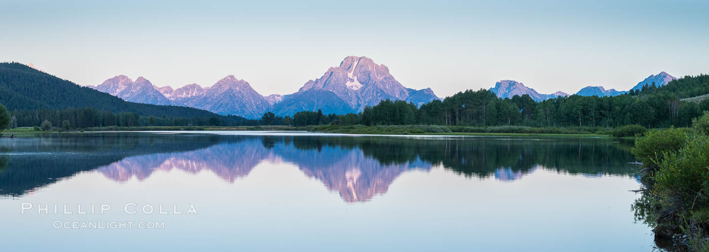 Image 32317, Mount Moran at sunrise from Oxbow Bend, Grand Teton National Park., Phillip Colla, all rights reserved worldwide. Keywords: grand teton national park, mount moran, oxbow bend, panorama, panoramic photograph, sunrise.