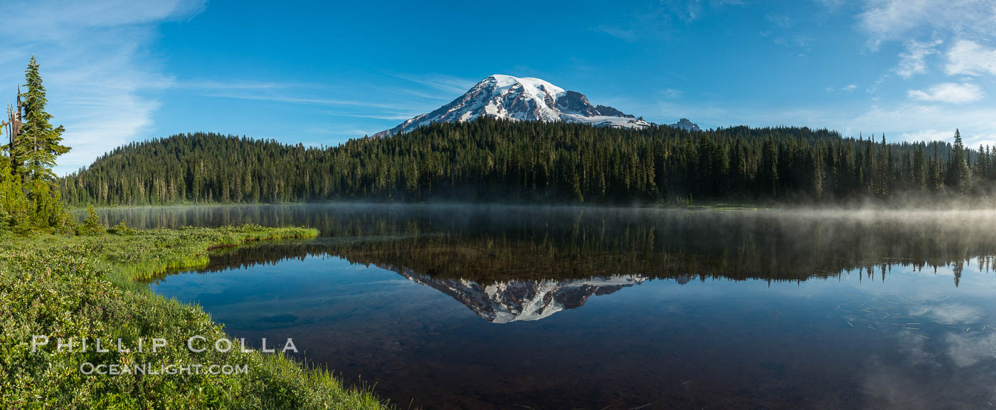 Mount Rainier is reflected in the calm waters of Reflection Lake, early morning. Mount Rainier National Park, Washington, USA, natural history stock photograph, photo id 28706