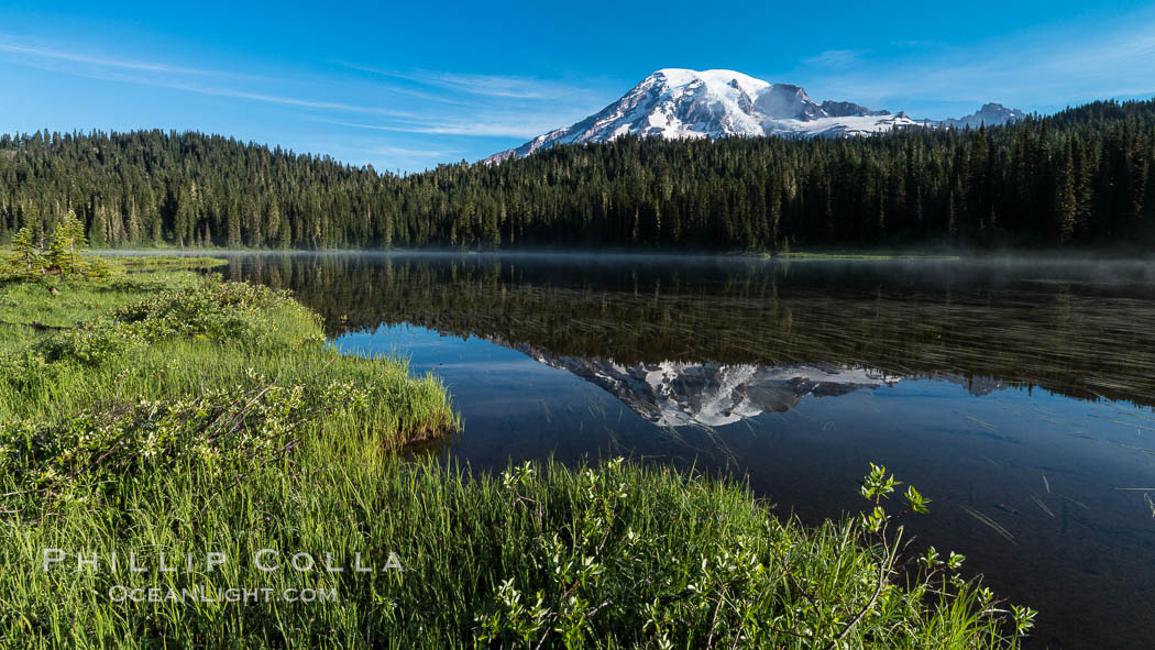 Mount Rainier is reflected in the calm waters of Reflection Lake, early morning. Mount Rainier National Park, Washington, USA, natural history stock photograph, photo id 28708