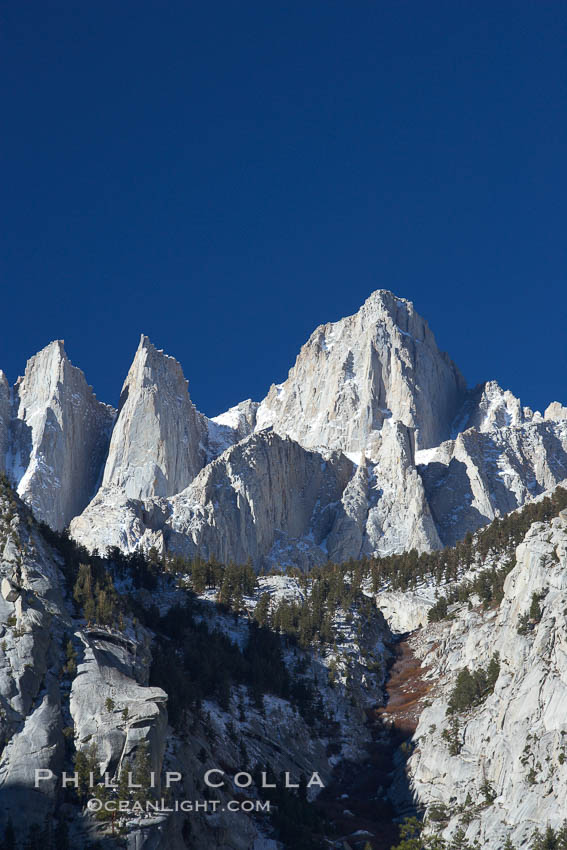 Mt. Whitney is the highest point in the contiguous United States with an elevation of 14,505 feet (4,421 m).  It lies along the crest of the Sierra Nevada mountain range.  Composed of the Sierra Nevada batholith granite formation, its eastern side (seen here) is quite steep.  It is climbed by hundreds of hikers each year., natural history stock photograph, photo id 21770